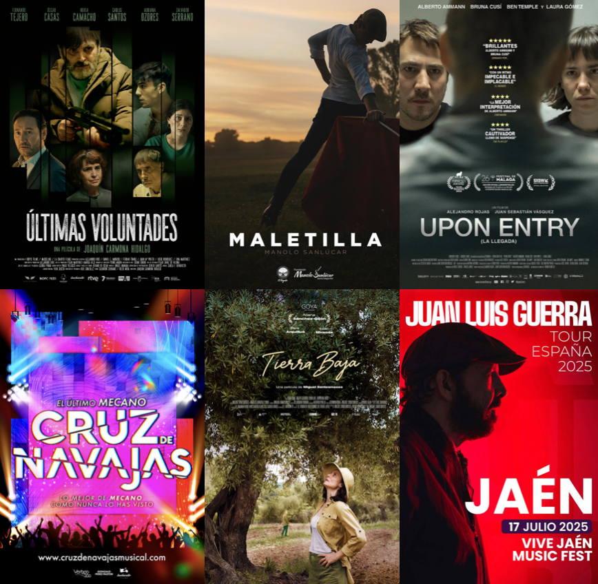 Carteles de producciones de Juan Mª Prieto: Últimas Voluntades, Maletilla, Upon Entry, Cruz de Navajas, Tierra Baja y Juan Luis Guerra